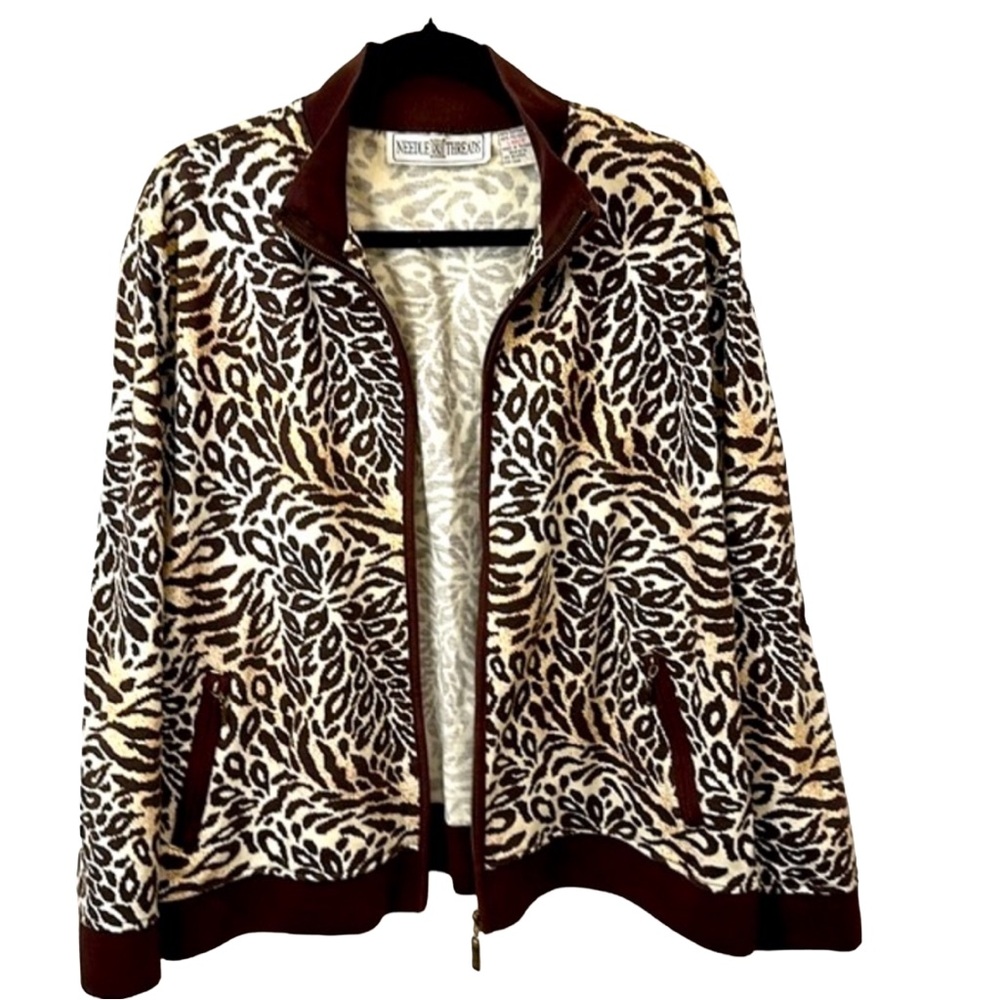 Vintage Animal Print Full Zip Front Jacket Gold Metallic Thread Needle & Threads